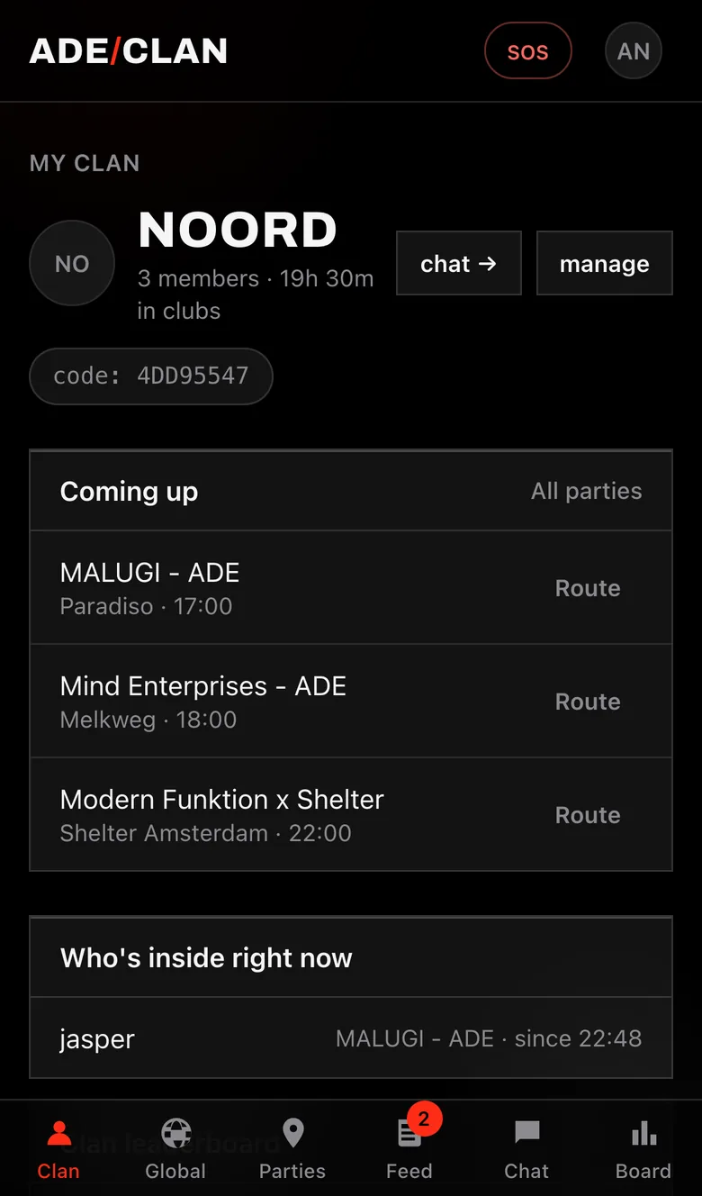 My clan screen: tonight's parties, who's inside right now and the clan leaderboard