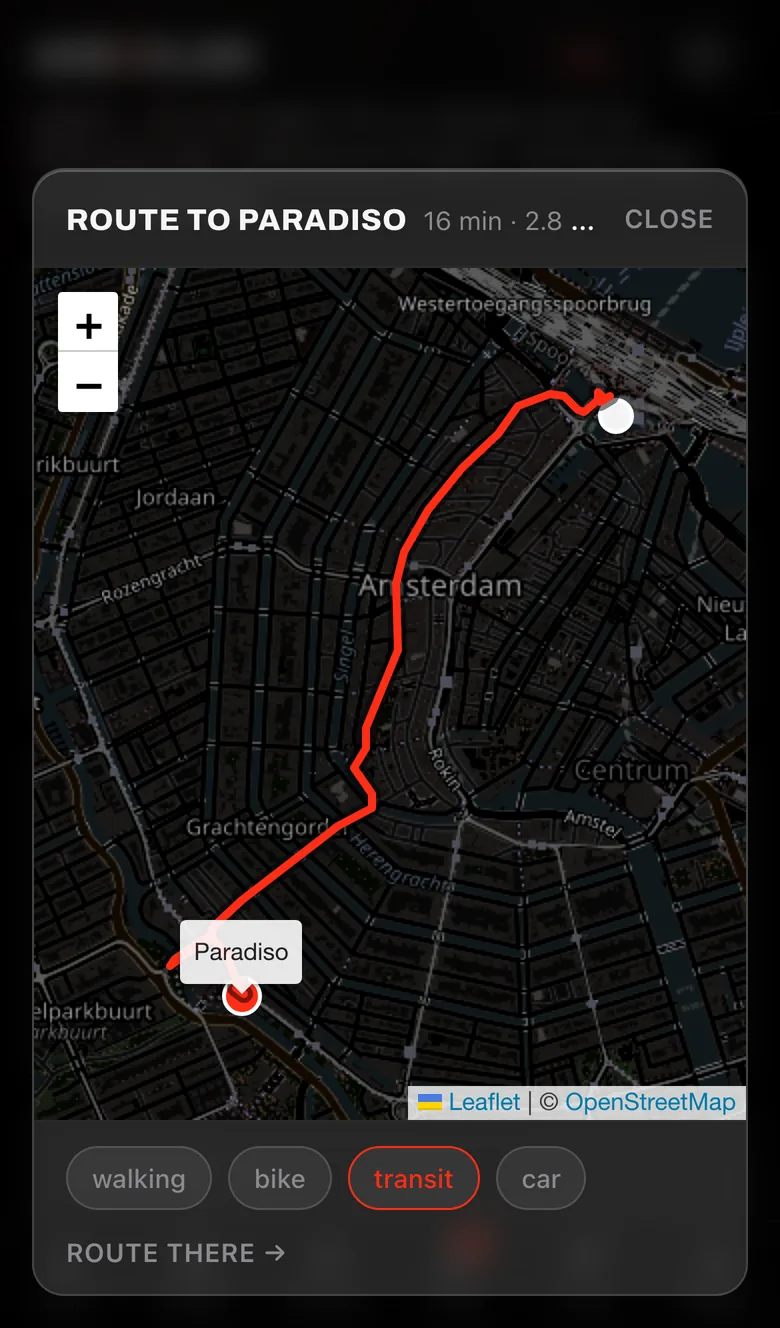 Party screen with the route from your accommodation to the venue